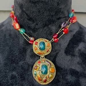 Chico's Mosaic Pendant Necklace Boho Statement Jewel Tone Beaded Gold Tone